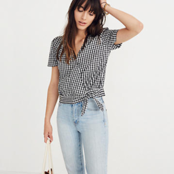 Adorable MADEWELL Short-Sleeve Wrap Top in Gingham - Picture 1 of 7